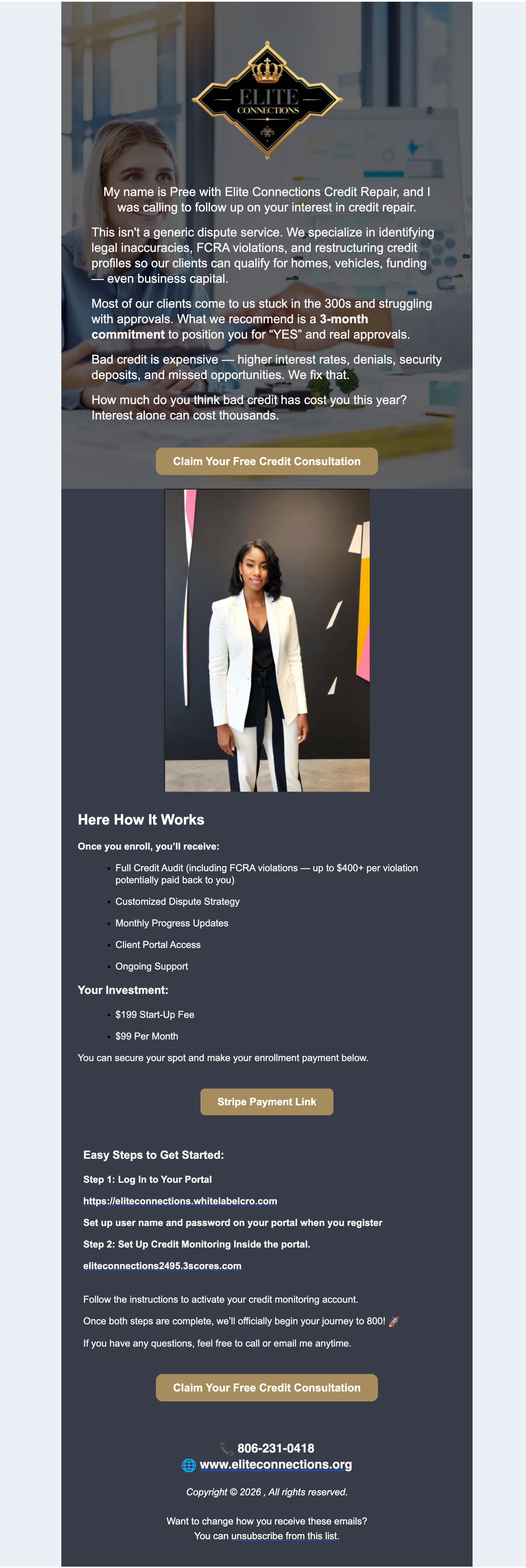 Automated lead response email from Elite Connections credit repair, built with WhiteLabelCRO's campaign automation. The email features custom branding with the company's logo, a personal introduction from the owner, service details and pricing, step-by-step onboarding instructions, and clear call-to-action buttons.